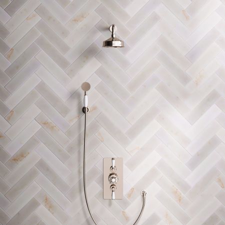Linton Dual Outlet Concealed Shower with Handshower Hook, 300mm Wall Arm, 6" Rose & White Levers in Polished Nickel