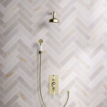 Calder Dual Outlet Shower Kit - Concealed Valve - 6 inch Rose - White Ceramic Lever - Handshower Hook - Timeless Brass