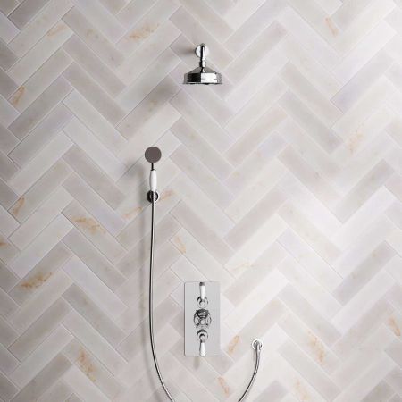 Calder Dual Outlet Shower Kit - Concealed Valve - 6 inch Rose - White Ceramic Lever - Handshower Hook - Chrome Finish