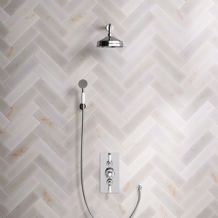 Linton Dual Outlet Concealed Shower with Handshower Hook, 300mm Wall Arm, 8" Rose & White Levers in Chrome