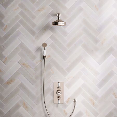 Linton Dual Outlet Concealed Shower with Handshower Hook, 300mm Wall Arm, 8" Rose & White Levers in Polished Nickel
