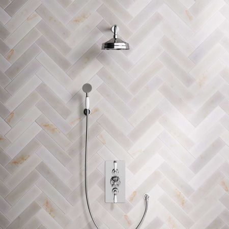 Calder Dual Outlet Shower Kit - Concealed Valve - 8 inch Rose - White Ceramic Lever - Handshower Hook - Chrome Finish