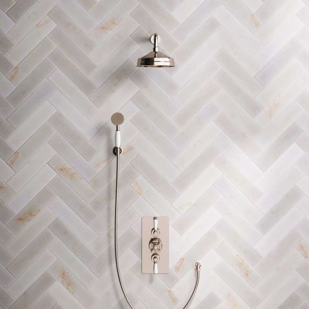 Calder Dual Outlet Shower Kit - Concealed Valve - 8 inch Rose - White Ceramic Lever - Handshower Hook - Polished Nickel