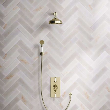 Calder Dual Outlet Shower Kit - Concealed Valve - 8 inch Rose - White Ceramic Lever - Handshower Hook - Timeless Brass