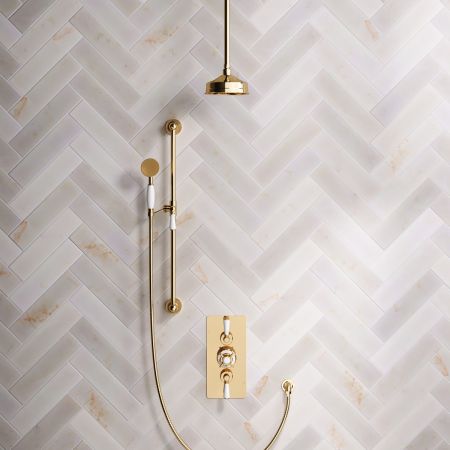 Calder Dual Outlet Shower Kit - Concealed Valve - 6 inch Rose - White Ceramic Lever - Handshower Slider-Rail - Ceiling Mounted Rose - Living Brass