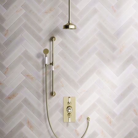 Calder Dual Outlet Shower Kit - Concealed Valve - 6 inch Rose - White Ceramic Lever - Handshower Slider-Rail - Ceiling Mounted Rose - Timeless Brass