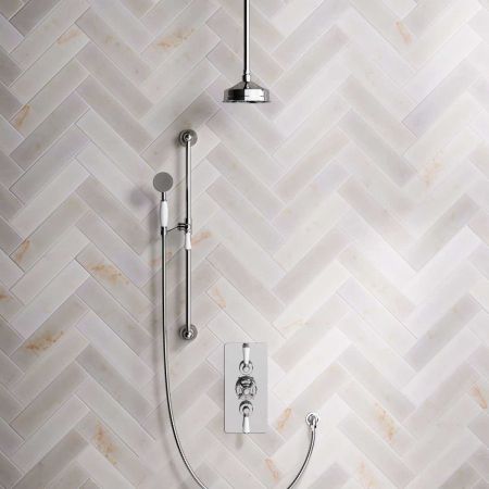 Calder Dual Outlet Shower Kit - Concealed Valve - 6 inch Rose - White Ceramic Lever - Handshower Slider-Rail - Ceiling Mounted Rose - Chrome Finish