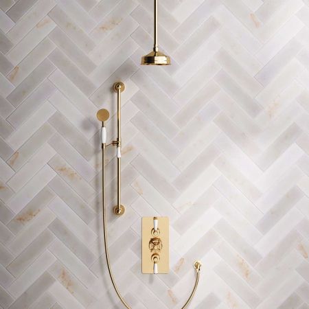 Calder Dual Outlet Shower Kit - Concealed Valve - 6 inch Rose - White Ceramic Lever - Handshower Slider-Rail - Ceiling Mounted Rose - Living Brass