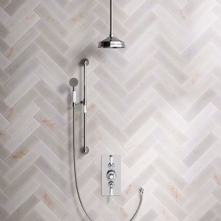 Linton Dual Outlet Concealed Shower with Slider Rail, 210mm Ceiling Arm, 8" Rose & Metal Levers in Chrome
