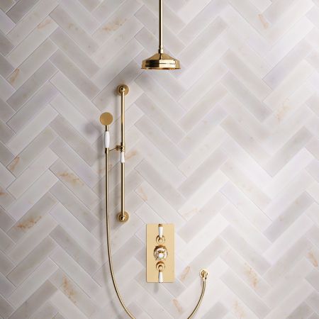 Linton Classic Dual Outlet Shower Kit - Concealed Valve - 8 inch Rose - White Ceramic Lever - Handshower Slider-Rail - Ceiling Mounted Rose - Living Brass