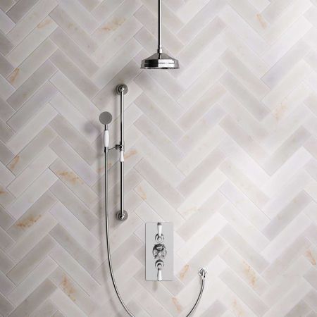 Calder Dual Outlet Shower Kit - Concealed Valve - 8 inch Rose - White Ceramic Lever - Handshower Slider-Rail - Ceiling Mounted Rose - Chrome Finish