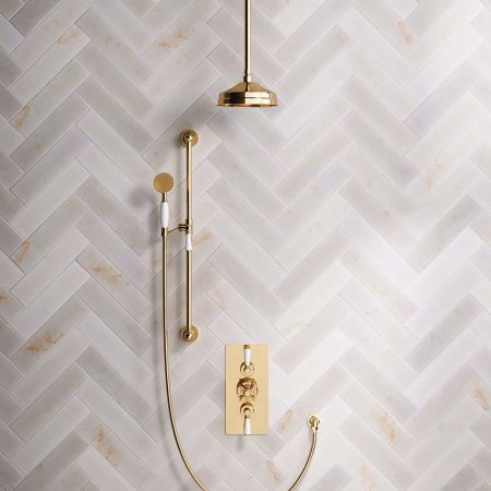 Calder Dual Outlet Shower Kit - Concealed Valve - 8 inch Rose - White Ceramic Lever - Handshower Slider-Rail - Ceiling Mounted Rose - Living Brass