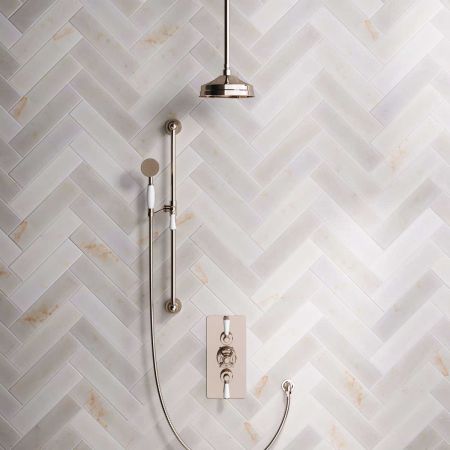 Calder Dual Outlet Shower Kit - Concealed Valve - 8 inch Rose - White Ceramic Lever - Handshower Slider-Rail - Ceiling Mounted Rose - Polished Nickel