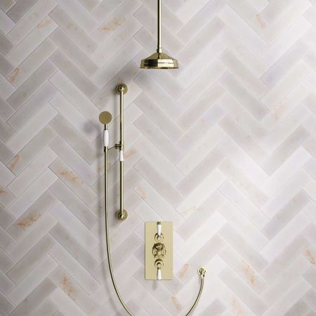 Calder Dual Outlet Shower Kit - Concealed Valve - 8 inch Rose - White Ceramic Lever - Handshower Slider-Rail - Ceiling Mounted Rose - Timeless Brass