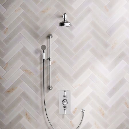 Linton Dual Outlet Concealed Shower with Slider Rail, 500mm Wall Arm, 6" Rose & Metal Levers in Chrome