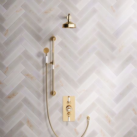 Calder Dual Outlet Shower Kit - Concealed Valve - 6 inch Rose - White Ceramic Lever - Handshower Slider-Rail - Living Brass
