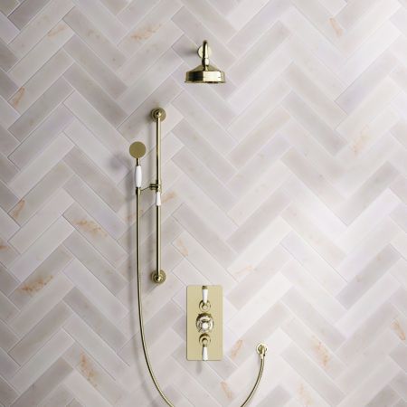 Calder Dual Outlet Shower Kit - Concealed Valve - 6 inch Rose - 500mm Shower Arm - White Ceramic Lever - Handshower Slider-Rail - Timeless Brass