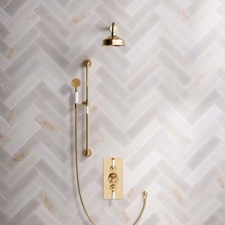 Calder Dual Outlet Shower Kit - Concealed Valve - 6 inch Rose - White Ceramic Lever - Handshower Slider-Rail - Living Brass