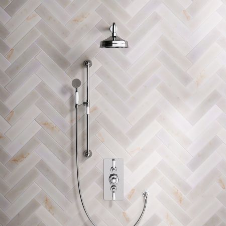 Linton Dual Outlet Concealed Shower with Slider Rail, 500mm Wall Arm, 8" Rose & Metal Levers in Chrome