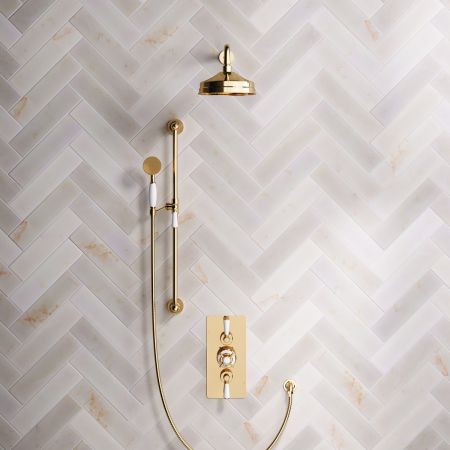 Calder Dual Outlet Shower Kit - Concealed Valve - 8 inch Rose - White Ceramic Lever - Handshower Slider-Rail - Living Brass