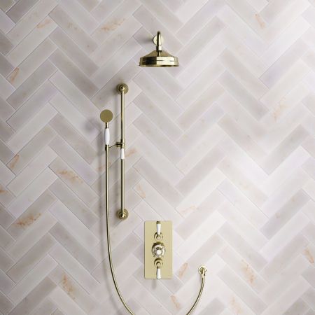Calder Dual Outlet Shower Kit - Concealed Valve - 8 inch Rose - 500mm Shower Arm - White Ceramic Lever - Handshower Slider-Rail - Timeless Brass