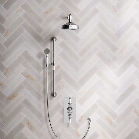 Calder Dual Outlet Shower Kit - Concealed Valve - 8 inch Rose - White Ceramic Lever - Handshower Slider-Rail - Chrome Finish