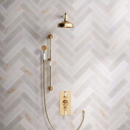 Calder Dual Outlet Shower Kit - Concealed Valve - 8 inch Rose - White Ceramic Lever - Handshower Slider-Rail - Living Brass