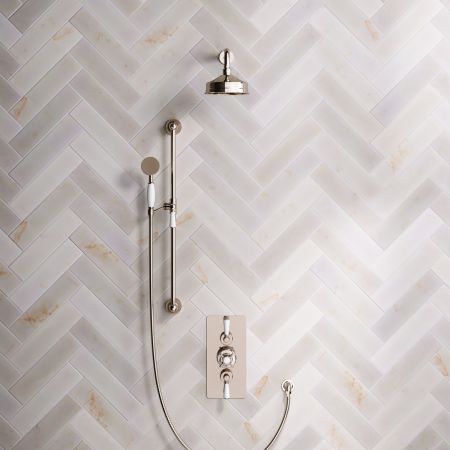 Linton Dual Outlet Concealed Shower with Slider Rail, 300mm Wall Arm, 6" Rose & Metal Levers in Polished Nickel