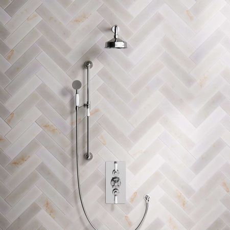 Calder Dual Outlet Shower Kit - Concealed Valve - 6 inch Rose - White Ceramic Lever - Handshower Slider-Rail - Chrome Finish