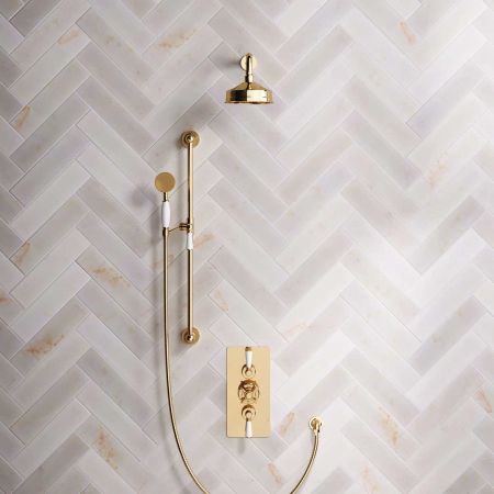 Calder Dual Outlet Shower Kit - Concealed Valve - 6 inch Rose - White Ceramic Lever - Handshower Slider-Rail - Living Brass