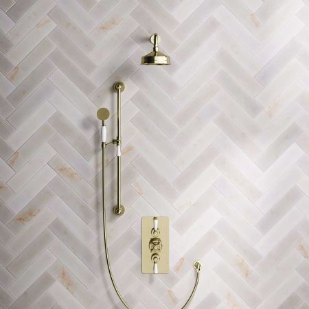 Calder Dual Outlet Shower Kit - Concealed Valve - 6 inch Rose - White Ceramic Lever - Handshower Slider-Rail - Timeless Brass