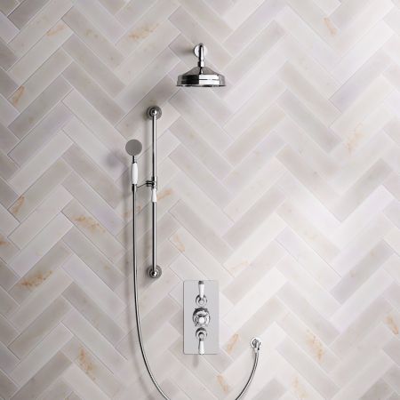 Linton Dual Outlet Concealed Shower with Slider Rail, 300mm Wall Arm, 6" Rose & Metal Levers in Chrome