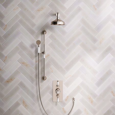 Linton Dual Outlet Concealed Shower with Slider Rail, 300mm Wall Arm, 6" Rose & Metal Levers in Polished Nickel