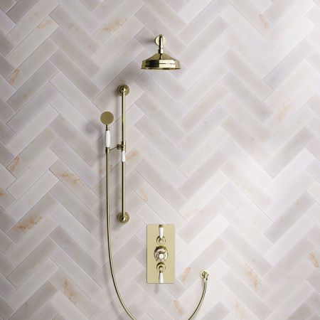 Calder Dual Outlet Shower Kit - Concealed Valve - 8 inch Rose - White Ceramic Lever - Handshower Slider-Rail - Timeless Brass