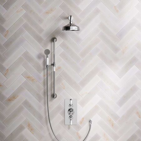 Calder Dual Outlet Shower Kit - Concealed Valve - 8 inch Rose - White Ceramic Lever - Handshower Slider-Rail - Chrome Finish