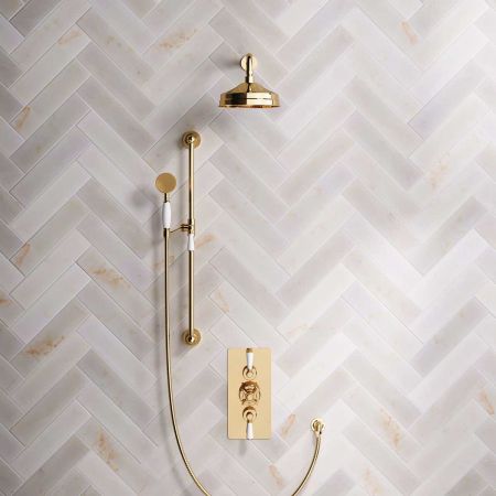 Calder Dual Outlet Shower Kit - Concealed Valve - 8 inch Rose - White Ceramic Lever - Handshower Slider-Rail - Living Brass