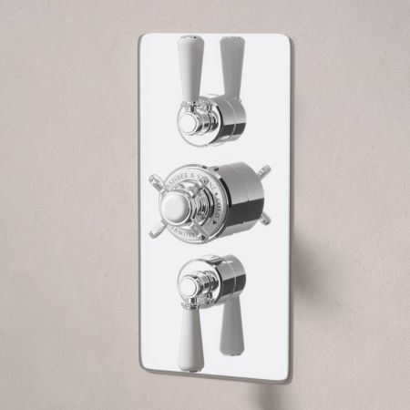 Linton Dual Outlet Concealed Shower with Handshower Hook, 210mm Ceiling Arm & 8" Rose - White Lever & Ceramics - Chrome