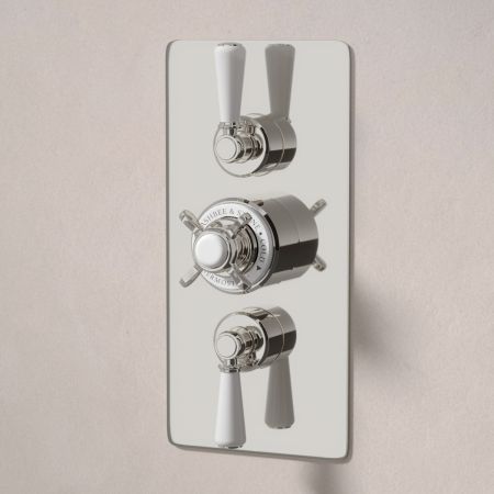 Linton Dual Outlet Concealed Shower with Handshower Hook, 210mm Ceiling Arm & 8" Rose - White Lever & Ceramics - Polished Nickel