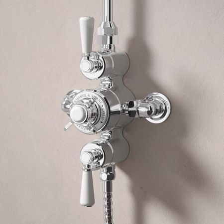 Linton Classic Dual Outlet Exposed Shower with Riser Mounted Handheld Shower & 8" Rose - White Lever - Chrome