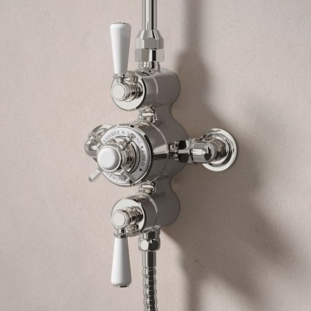 Linton Dual Outlet Exposed Shower with Handshower Hook & 8" Rose - White Lever & Ceramics - Polished Nickel