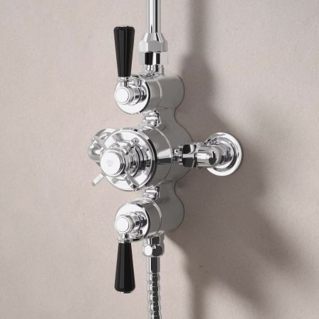 Linton Dual Outlet Exposed Shower with Riser Mounted Handshower & 6" Rose - Black Lever - Chrome