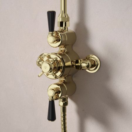 Linton Dual Outlet Exposed Shower with Riser Mounted Handshower & 6" Rose - Black Lever - Timeless Brass