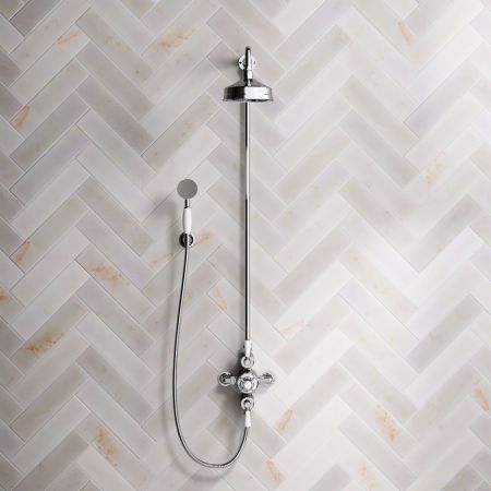 Linton Dual Outlet Exposed Shower with Handshower Hook, 6" Rose and White Levers in Chrome