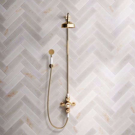 Calder Dual Outlet Shower Kit - Exposed Valve - 6 inch Rose - White Ceramic Lever - Handshower Hook - Living Brass