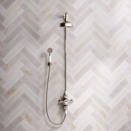Linton Dual Outlet Exposed Shower with Handshower Hook, 6" Rose and White Levers in Polished Nickel