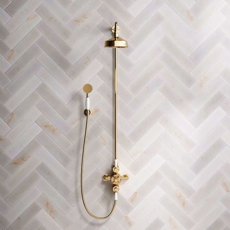 Calder Dual Outlet Shower Kit - Exposed Valve - 6 inch Rose - White Ceramic Lever - Handshower Hook - Living Brass