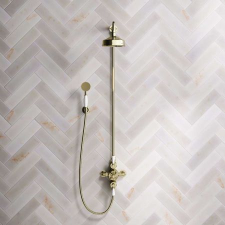 Calder Dual Outlet Shower Kit - Exposed Valve - 6 inch Rose - White Ceramic Lever - Handshower Hook - Timeless Brass