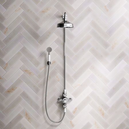 Linton Dual Outlet Exposed Shower with Handshower Hook, 8" Rose and White Levers in Chrome