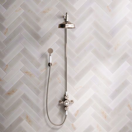Linton Dual Outlet Exposed Shower with Handshower Hook, 8" Rose and White Levers in Polished Nickel