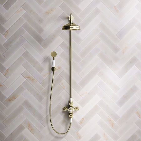 Calder Dual Outlet Shower Kit - Exposed Valve - 8 inch Rose - White Ceramic Lever - Handshower Hook - Timeless Brass